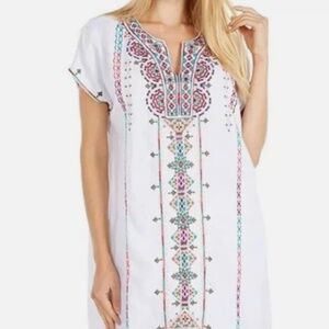 Johnny Was Verena White Linen Easy Yoke Colorful Embroidery Floral Tunic XL